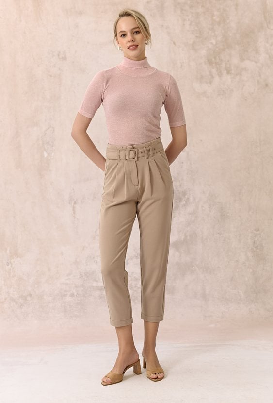 Beżowe spodnie z wysokim stanem