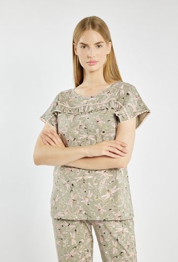 Koszulka od piżamy z wzorem w kwiaty i ważki