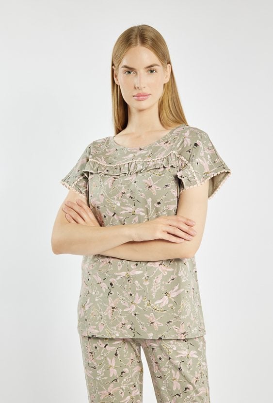 Koszulka od piżamy z wzorem w kwiaty i ważki