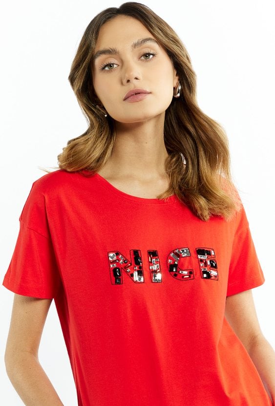 T-shirt damski z błyszczącą aplikacją