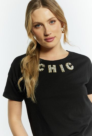 T-shirt damski z ozdobną aplikacją