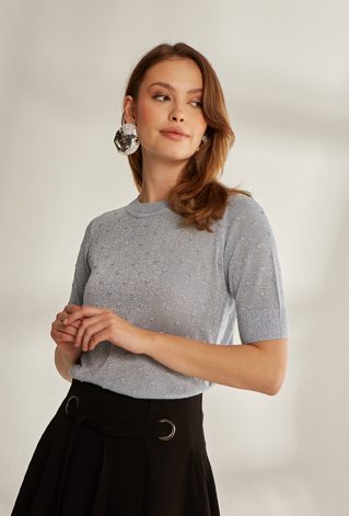 Połyskujący sweter z krótkim rękawem