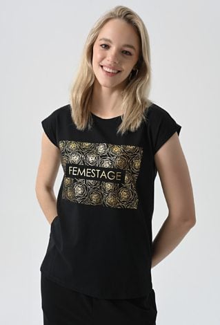Czarny T-shirt ze złota aplikacją