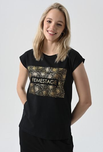 Czarny T-shirt ze złota aplikacją