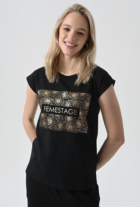 Czarny T-shirt ze złota aplikacją