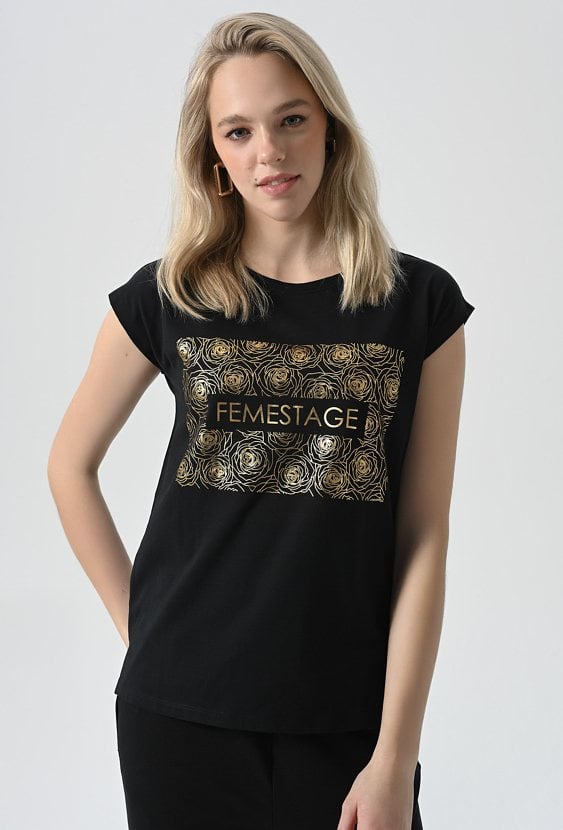 Czarny T-shirt ze złota aplikacją