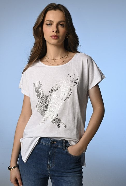 T-shirt ze srebrną  grafika papugi