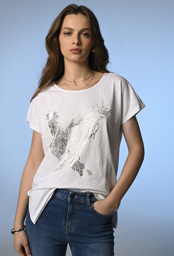 T-shirt ze srebrną  grafika papugi