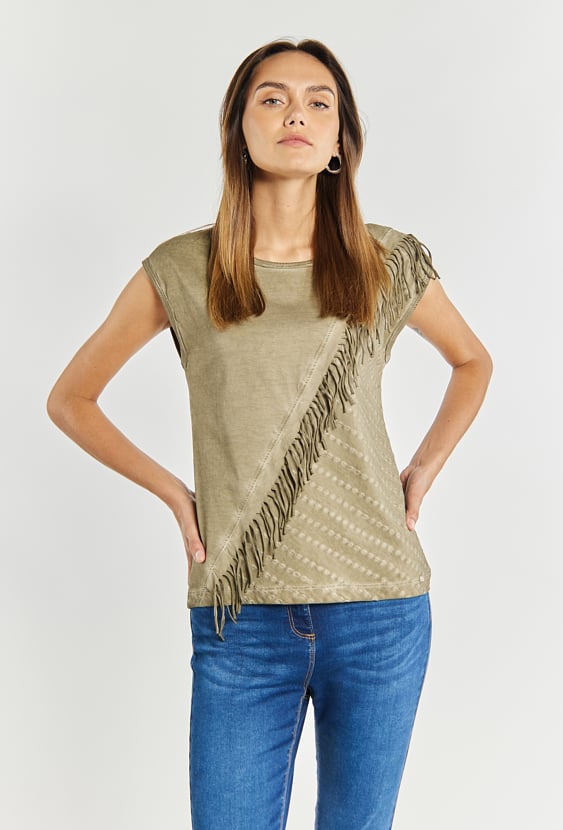 T-shirt damski z frędzlami