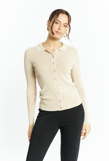 Prążkowany sweter damski z kołnierzykiem