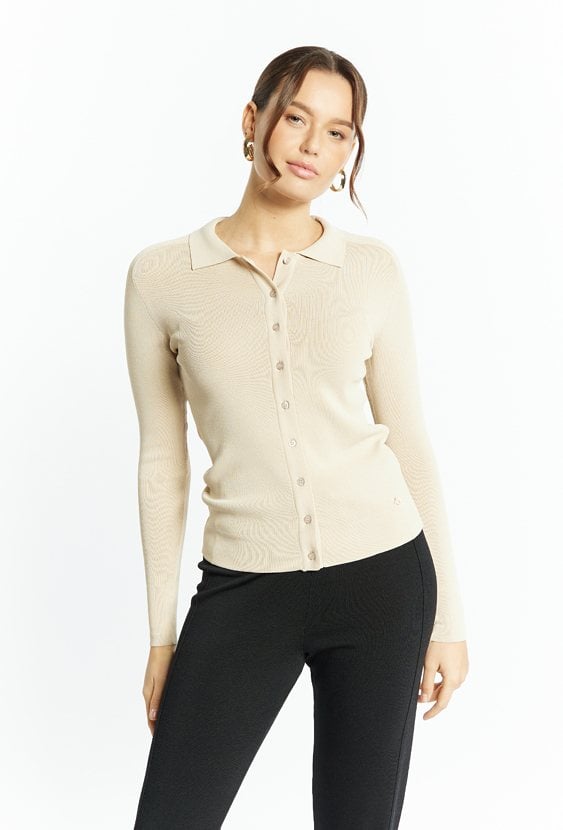 Prążkowany sweter damski z kołnierzykiem