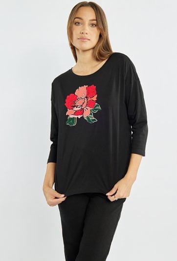 T-shirt z haftowanym kwiatem