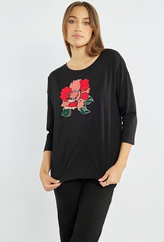 T-shirt z haftowanym kwiatem