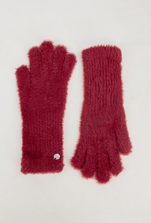 Bordowe futrzane rękawiczki