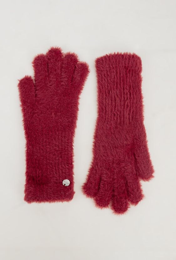 Bordowe futrzane rękawiczki