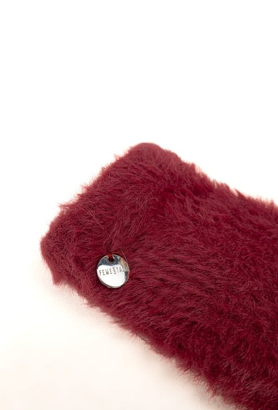 Bordowe futrzane rękawiczki