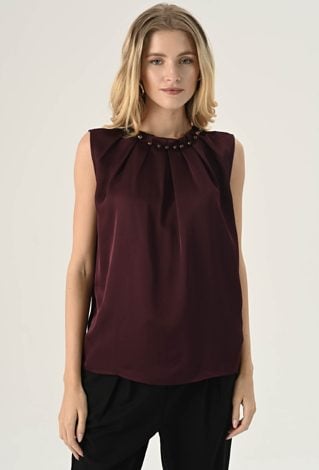 Gładka bluzka bez rękawów z ozdobną stójką