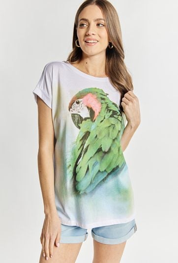 T-shirt damski z papugą