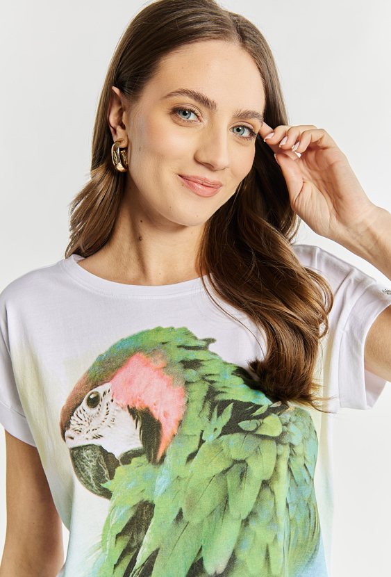 T-shirt damski z papugą