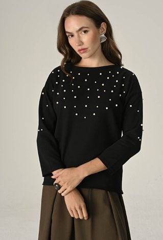Dzianinowa bluza z perłową aplikacją