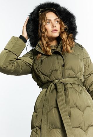 Płaszcz damski z odpinanym kapturem i futerkiem