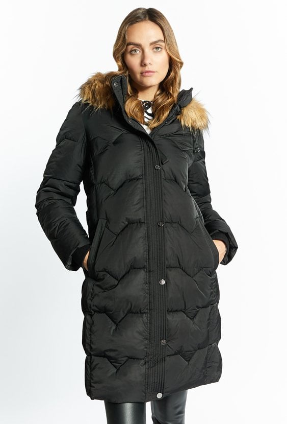 Płaszcz damski z odpinanym kapturem i futerkiem