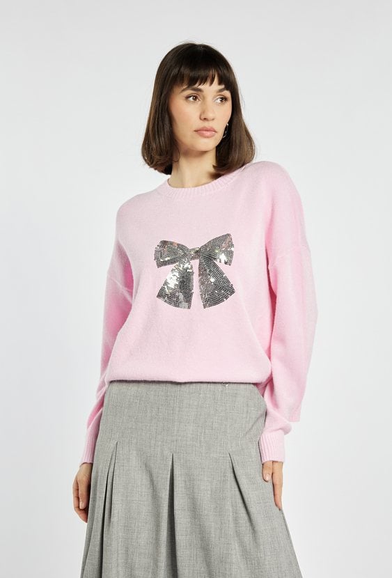 Sweter z cekinową kokardą