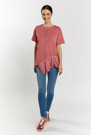 Dzianinowy T-shirt damski z falbanką