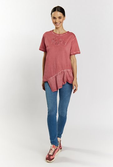 Dzianinowy T-shirt damski z falbanką