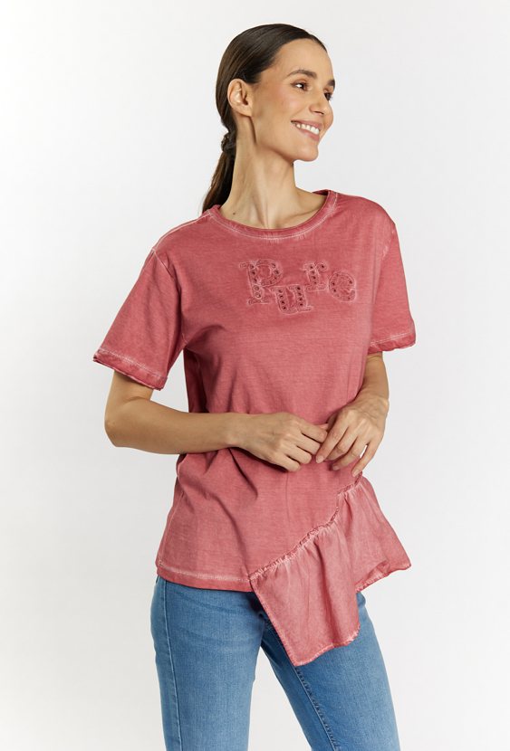 Dzianinowy T-shirt damski z falbanką