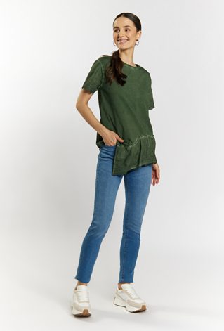 Bawełniany T-shirt damski z ażurową falbanką