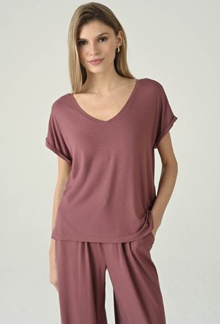 Bluzka z dekoltem V i podwiniętym rękawem