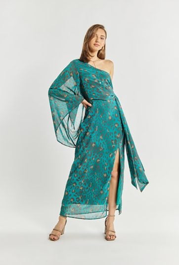 Wzorzysta sukienka na jedno ramię