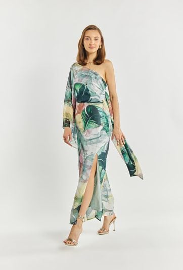 Wzorzysta sukienka na jedno ramię