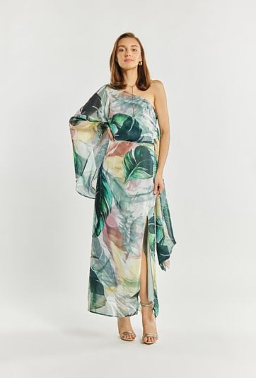 Wzorzysta sukienka na jedno ramię