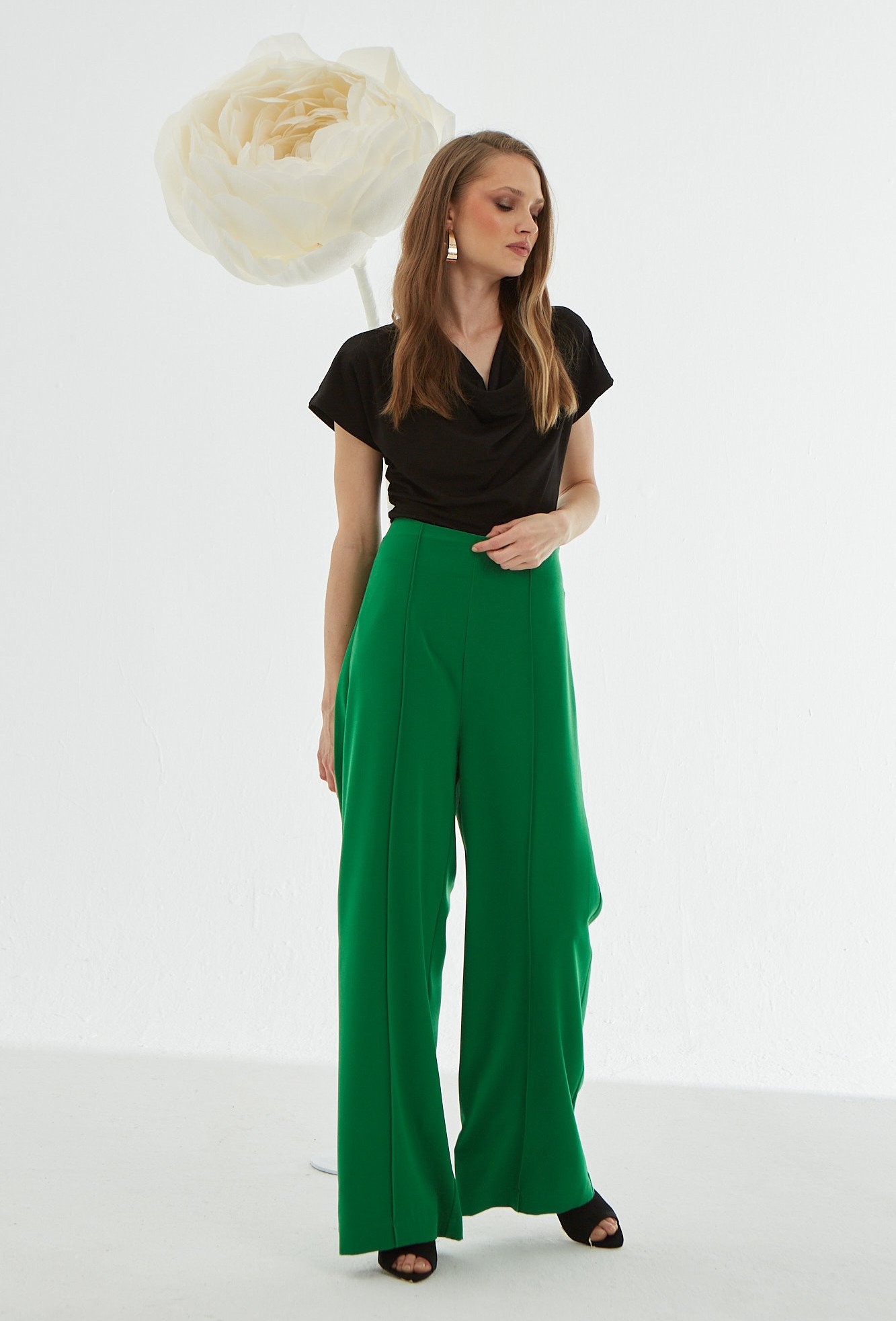 パンツ gadid anoniem NED / GREEN CHECK Zielone spodnie z szeroką nogawką