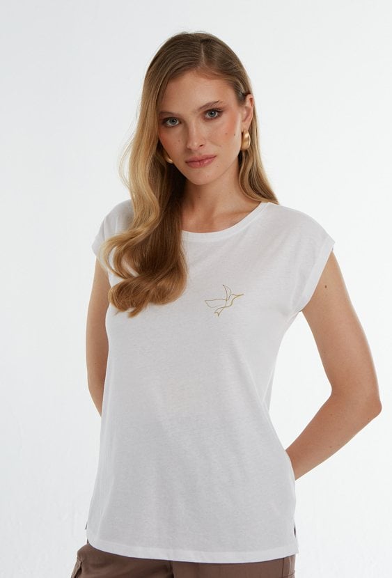 Biały T-shirt ze złotym kolibrem