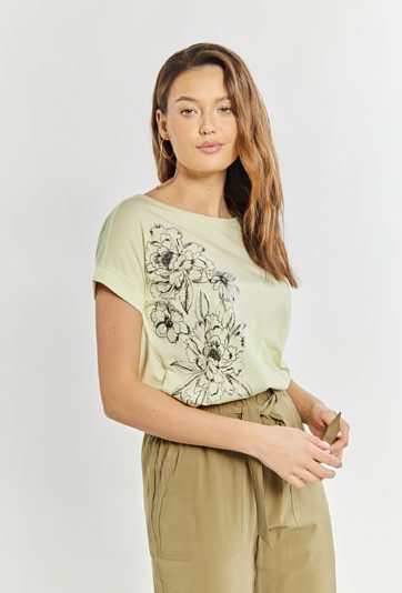 T-shirt damski z kwiatowym zdobieniem