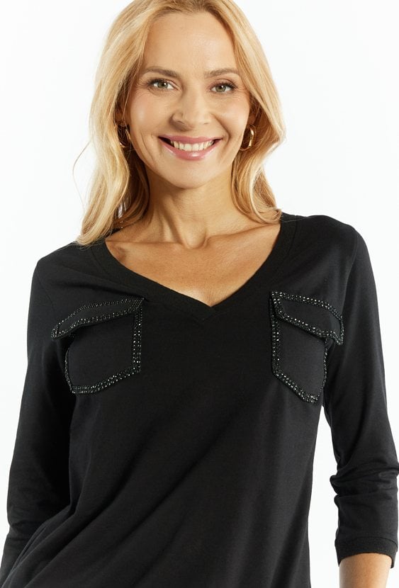 T-shirt damski z połyskującymi kieszonkami