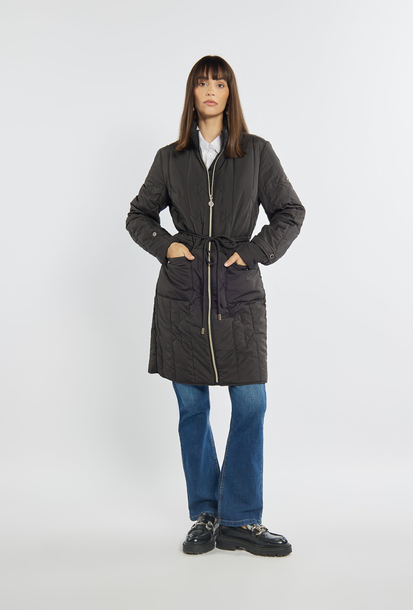 【PORTERNA】Lemur line long coat Panelled Stripe Faux Fur Pu Belted Long Coat | Karen Millen
