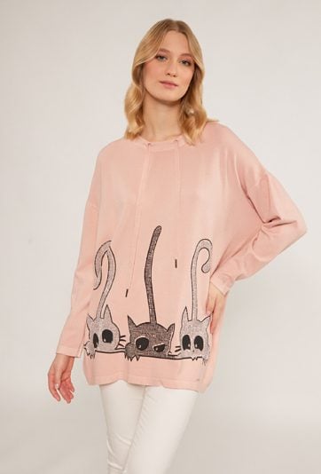 Sweter z dżetowym wzorem w koty