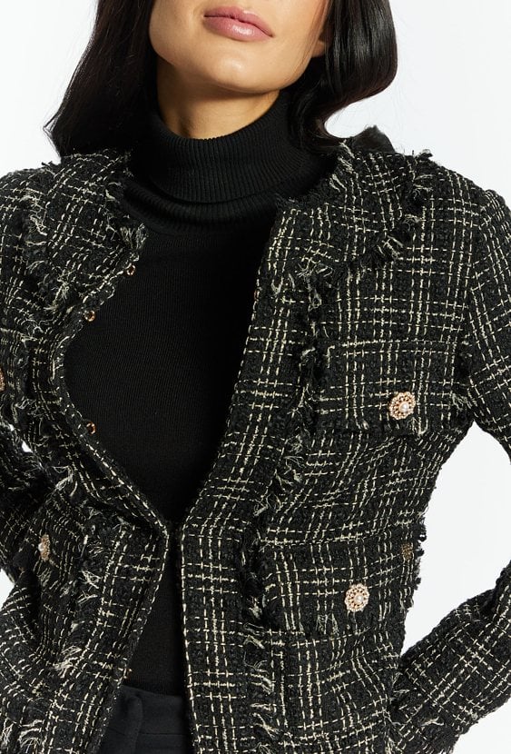 Tweedowy żakiet z biżuteryjnymi guzikami