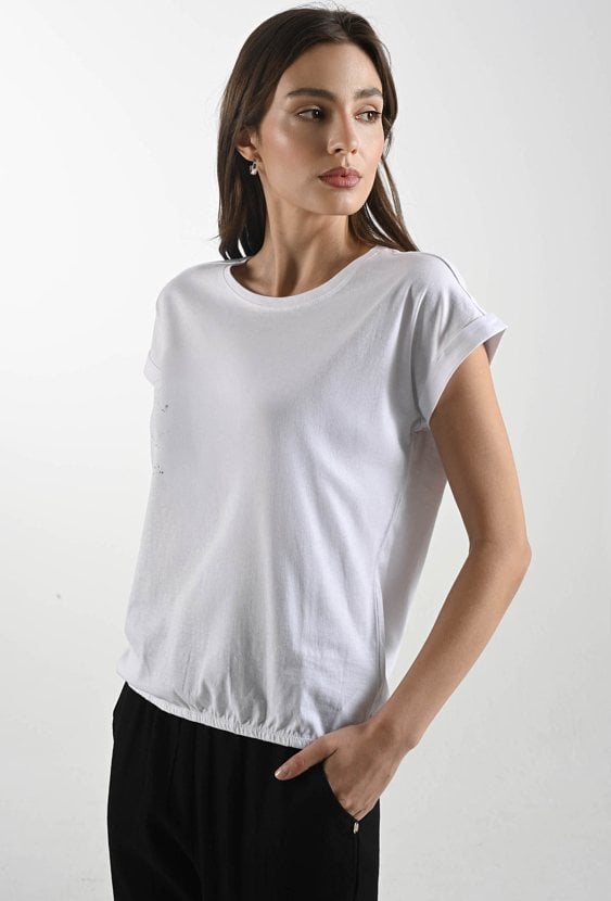 Gładki biały bawełniany t-shirt z gumką