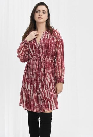 Czerwono- beżowa sukienka z falbaną